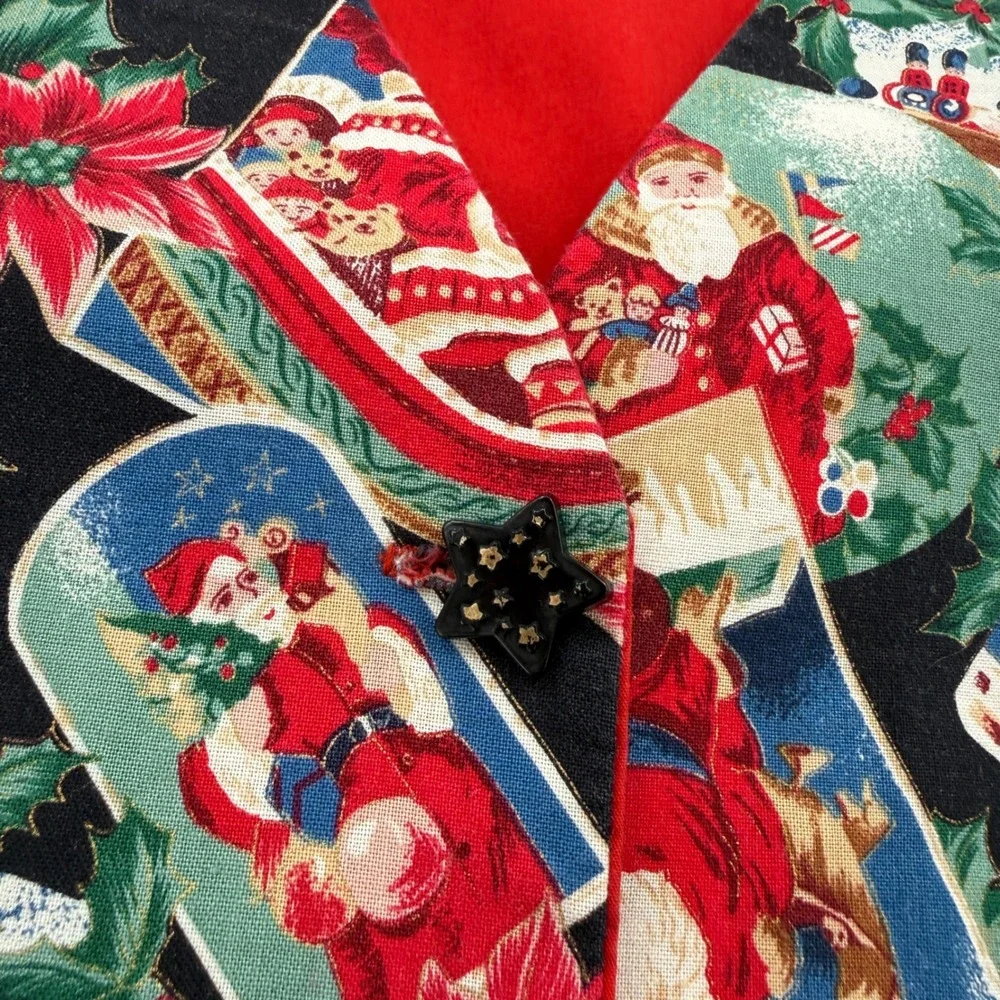 Vtg Men's Novelty Handmade Christmas Vest‎ Santa Claus Poinsettia V-Neck Sz M